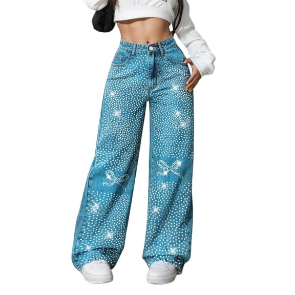 sususu Women's Rhinestone High Waisted Straight Leg Jeans Loose Fit Denim Pants for Casual Everyday Wear Comfortable Stretch Wide Leg,Blue,XS