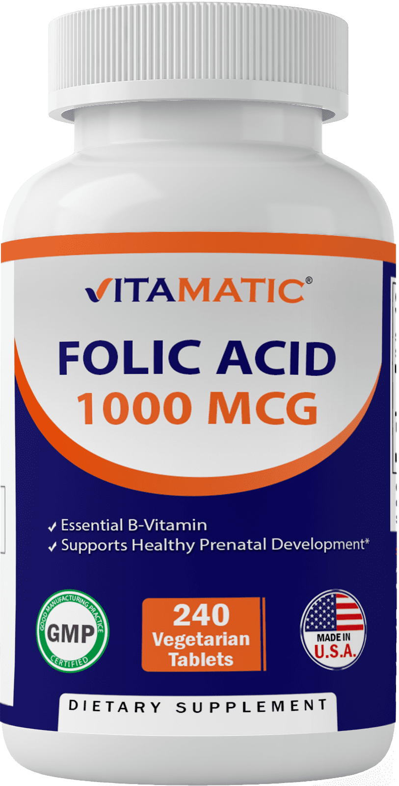 Vitamatic Folic Acid 1000 mcg (1 mg) - 240 Vegetarian Tablets - 1667 mcg DFE - Vitamin B9