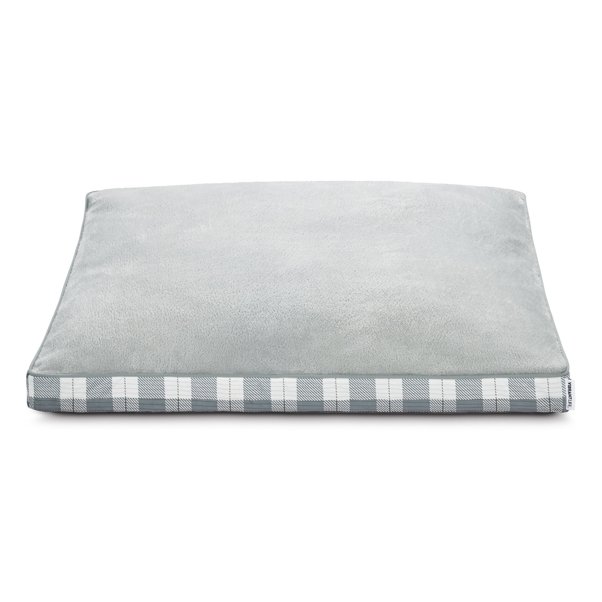 Vibrant Life Large Deluxe Gusset Pillow Dog Bed, 42" Grey White Plaid