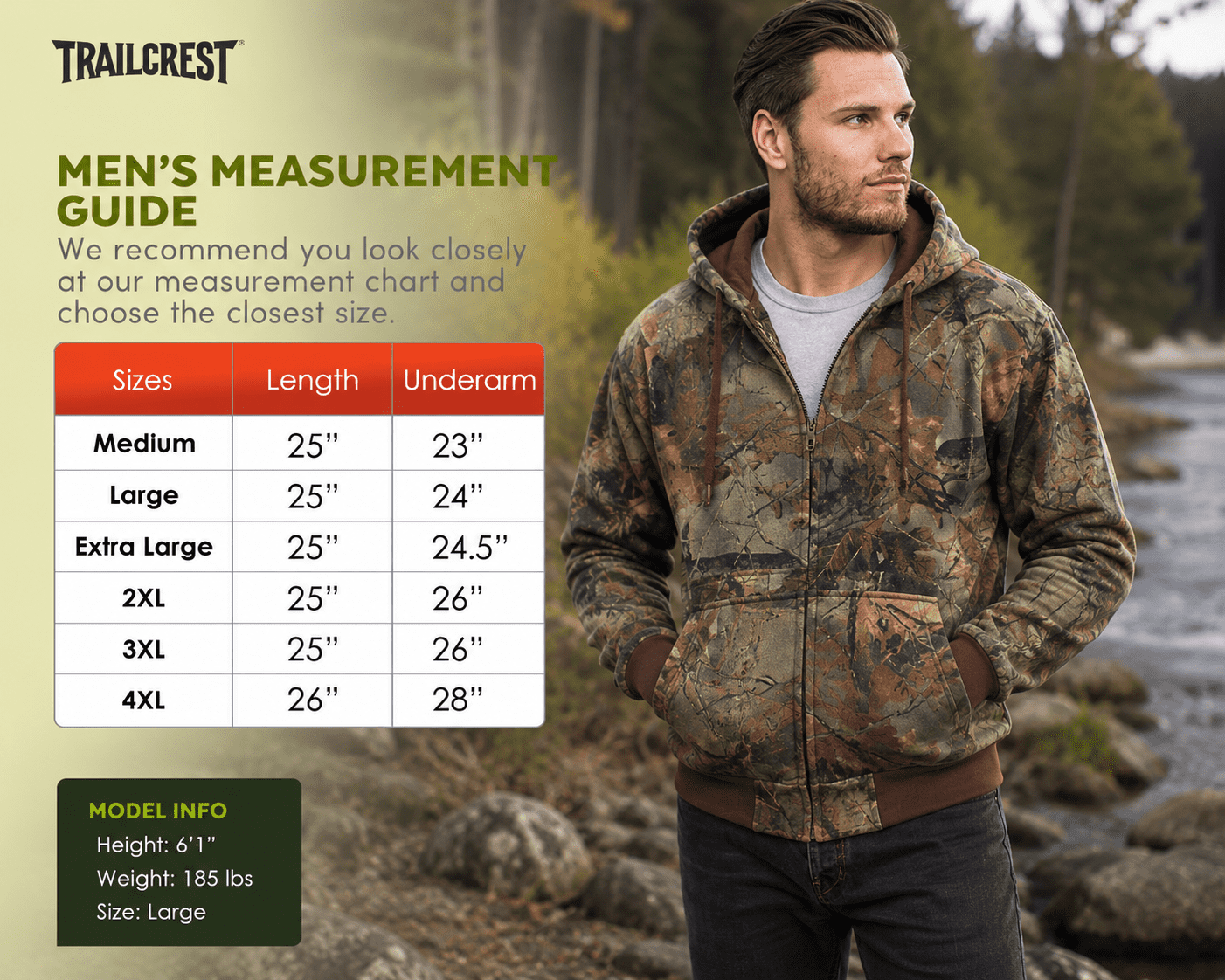 TrailCrest Men’s Full Zip Up Camo Hoodie Sweatshirt Casual Fashion Sweater Hooded Jacket, XL