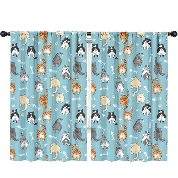 Blackout Kids Curtains,Cat Butt and Fishbone Blue Pattern Children's Insulated Curtains Set Of 2,Bedroom Essentials,Toddler Room Decor 52"x84"