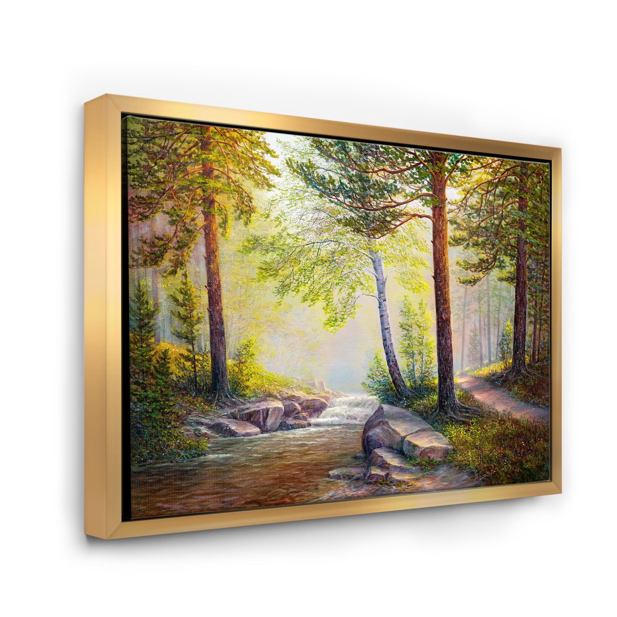 Afternoon Light Through The Forest Trees 40 in x 30 in Framed Painting Canvas Art Print, by Designart
