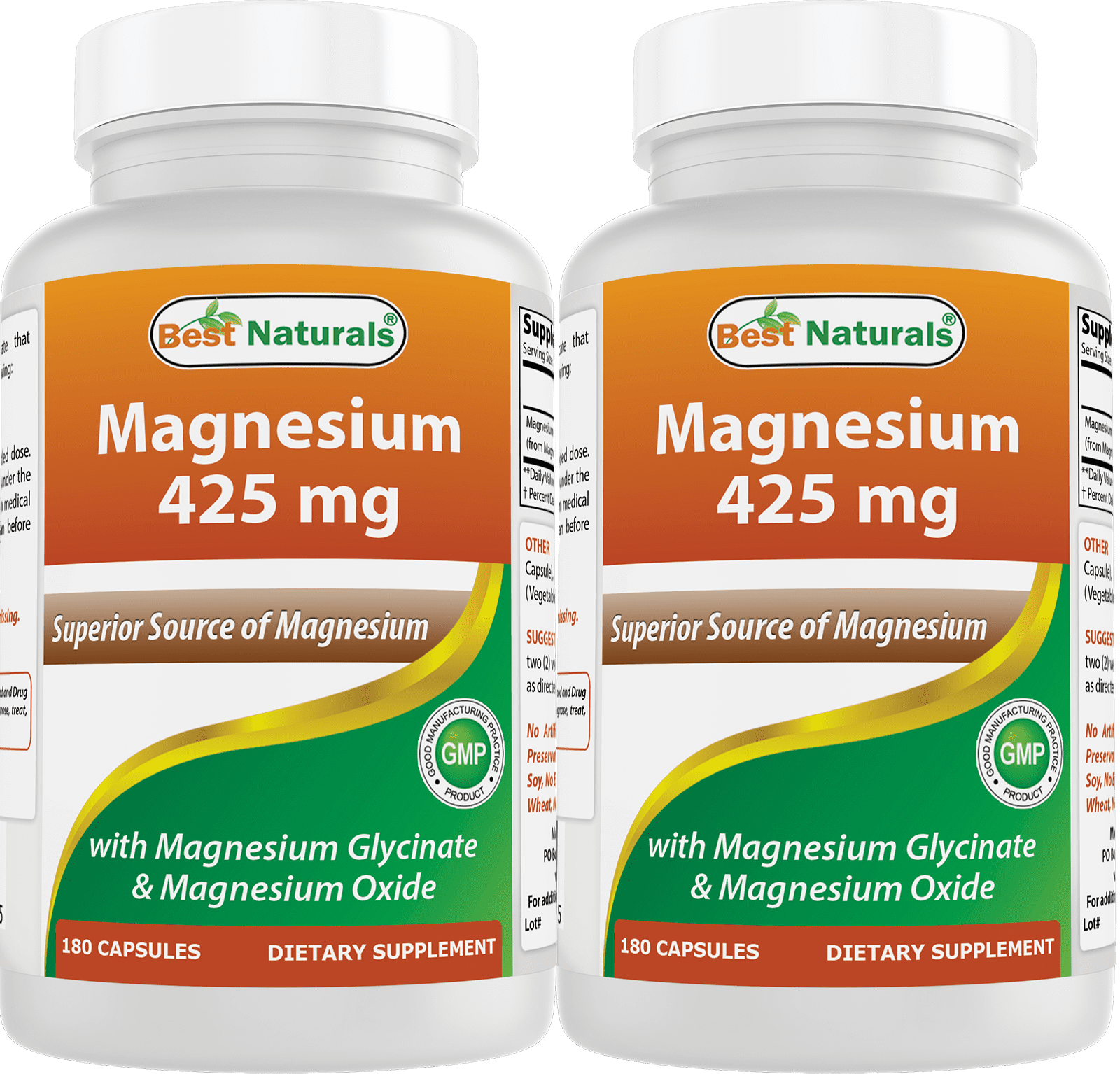 2 Pack Best Naturals Magnesium Glycinate 425 mg 180 Vegetarian Capsules