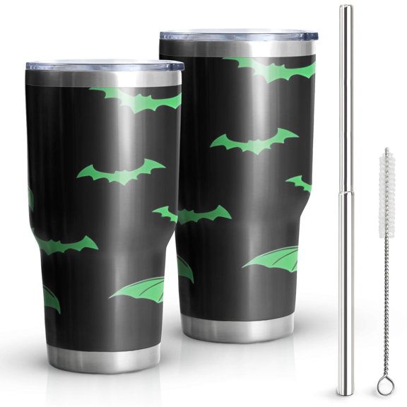 30oz Black Halloween Bats with Green Tumblers Stainless Steel Tumbler with Lid and Straw,Vacuum Insulated Double Wall Travel Tumbler Cups Mug with Cleaning Brush for Coffee,Tea