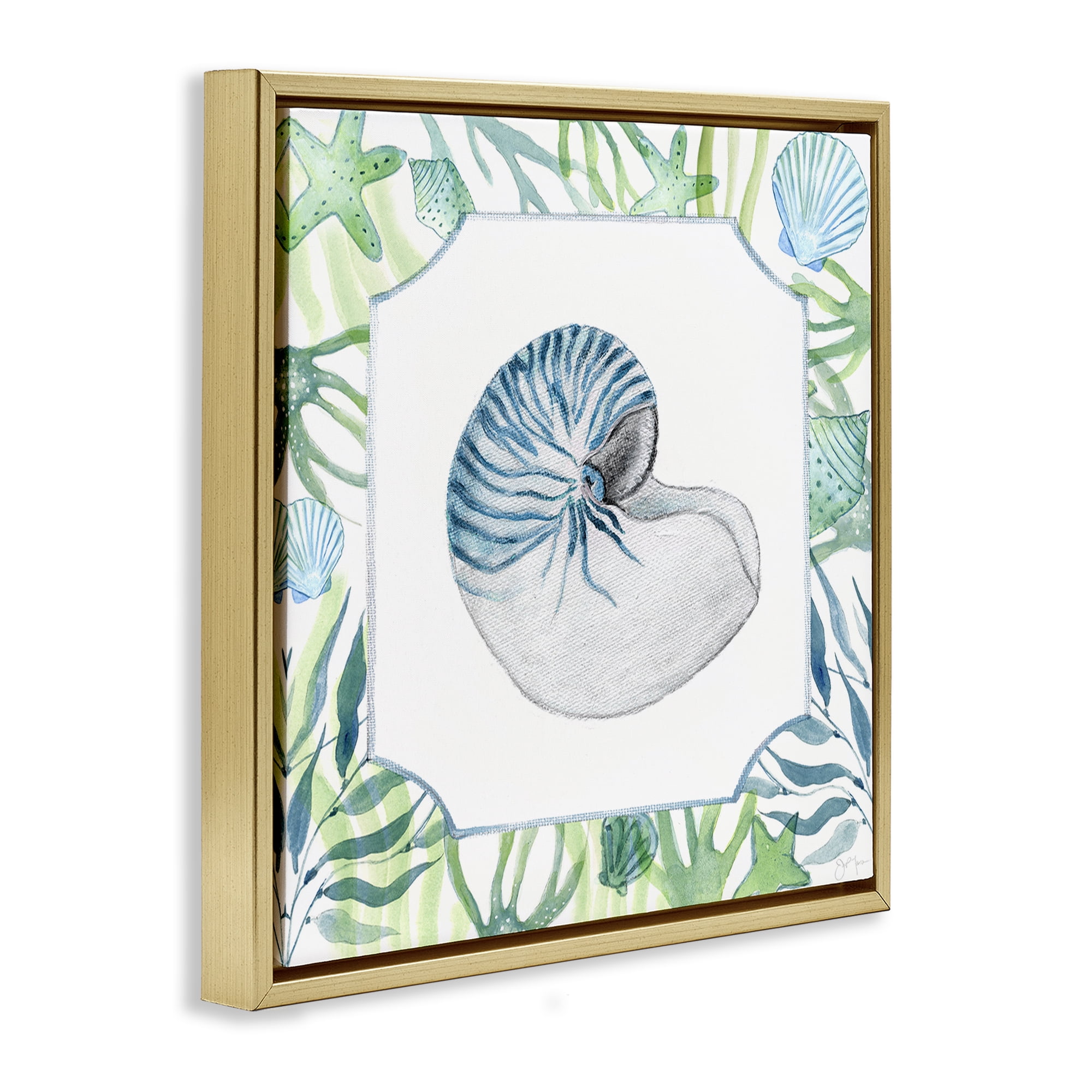 Stupell Industries Seaweed & Seashells Aquatic Gold Framed Floater Canvas Wall Art, design by Janet Tava