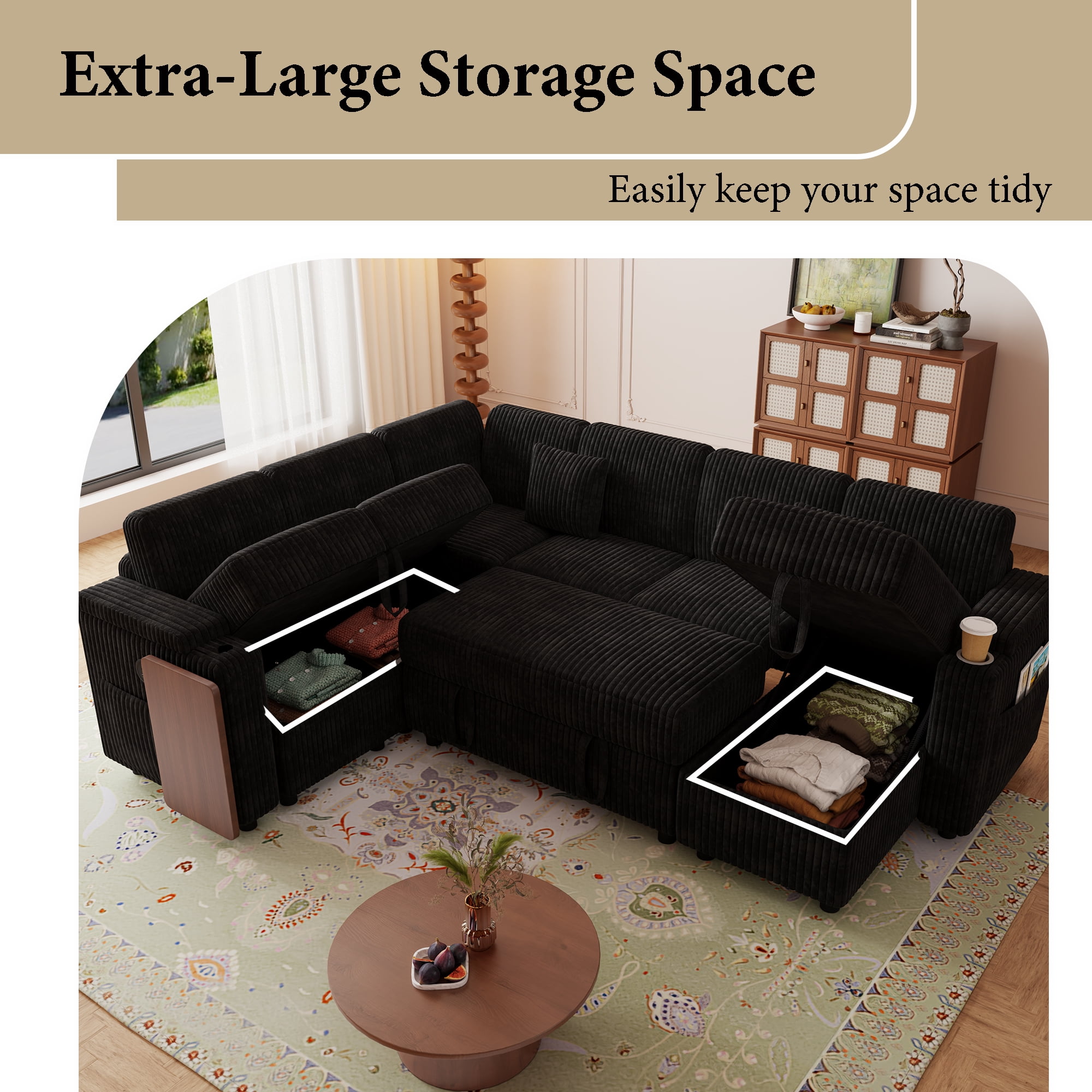 Howcool 100" Oversized Sleeper Sectional Sofa with Pull-Out Bed,U-Shape Corduroy Modular Sofa Couch with USB Ports & Storage,Black