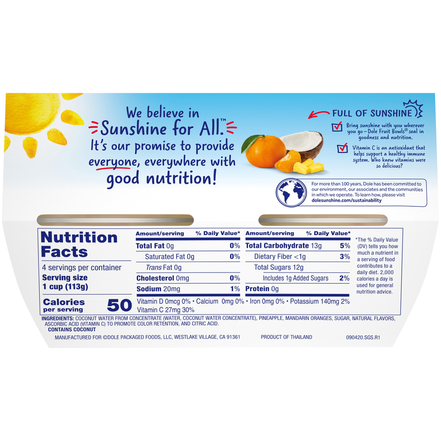 (4 Cups) Dole Fruit Bowls Pineapple and Mandarin Oranges in Coconut Water, 4 oz