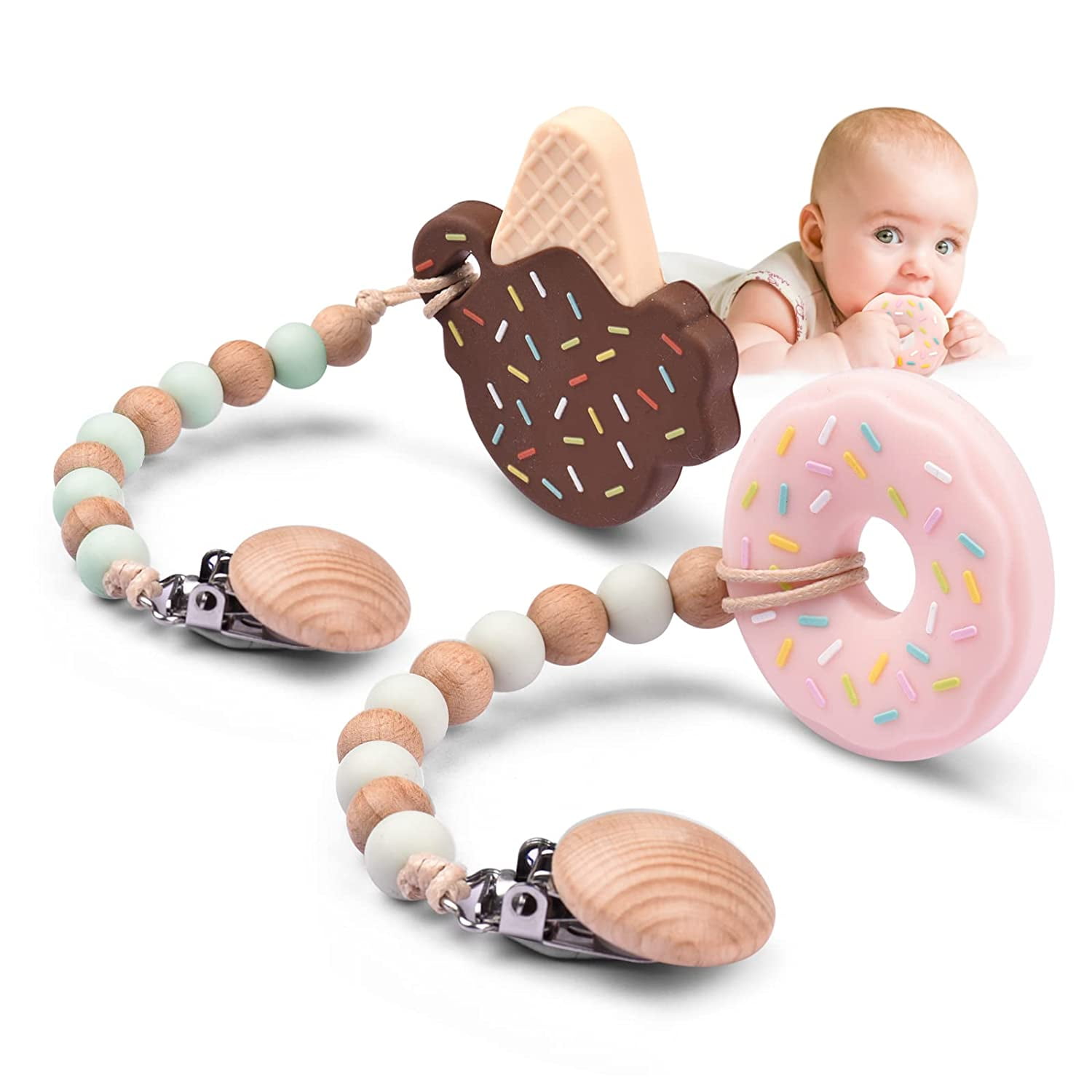Baby Kids Animal Wooden Silicone Beads Teether Ring Infant Teething Bracelet SK 