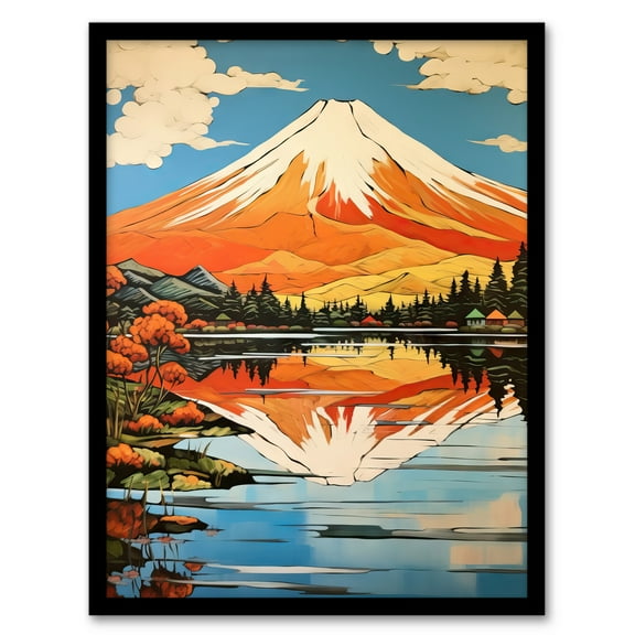 Mount Fuji Reflecting In Lake Kawaguchi Waters Oil Painting Japan Sacred Volcano Mountain Art Print Framed Poster Wall Decor 12x16 inch