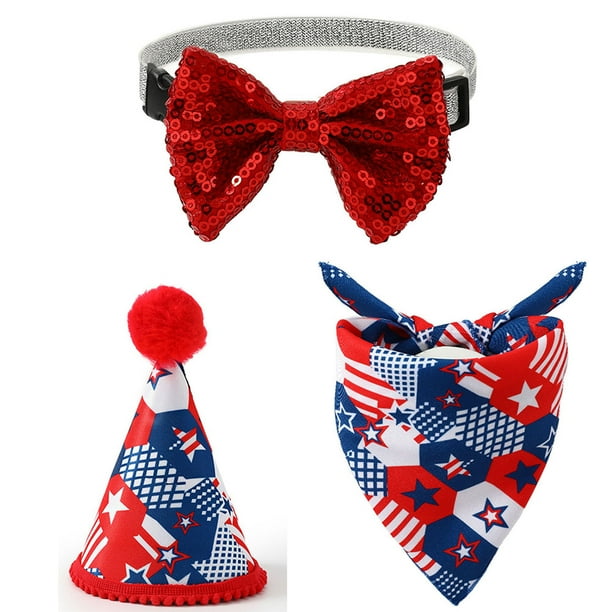 Toallas para el cabello, toalla para el cabello, sombrero para mascota del Día de la Independencia, pajarita con lentejuelas de gatito y perro, bufanda de gatito y perro, accesorios, conjunto de tres