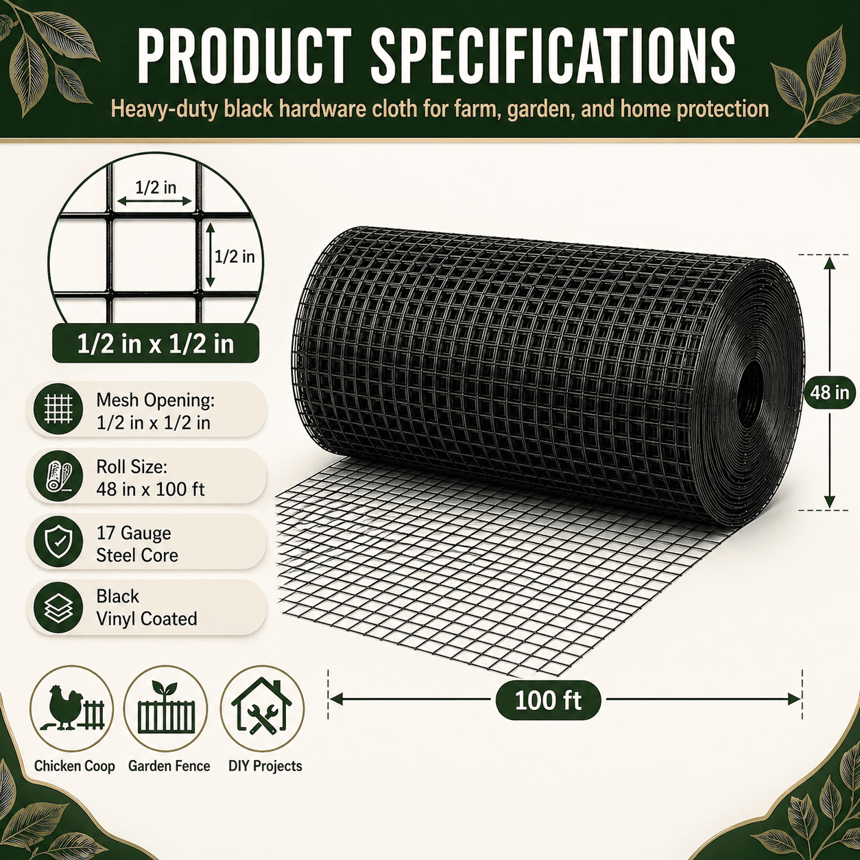 1/2-Inch Welded Chicken Wire Roll, Garden Plant Fencing, Suitable For Chicken Coops And Home Renovation, 36in x 50ft Black Metal Mesh