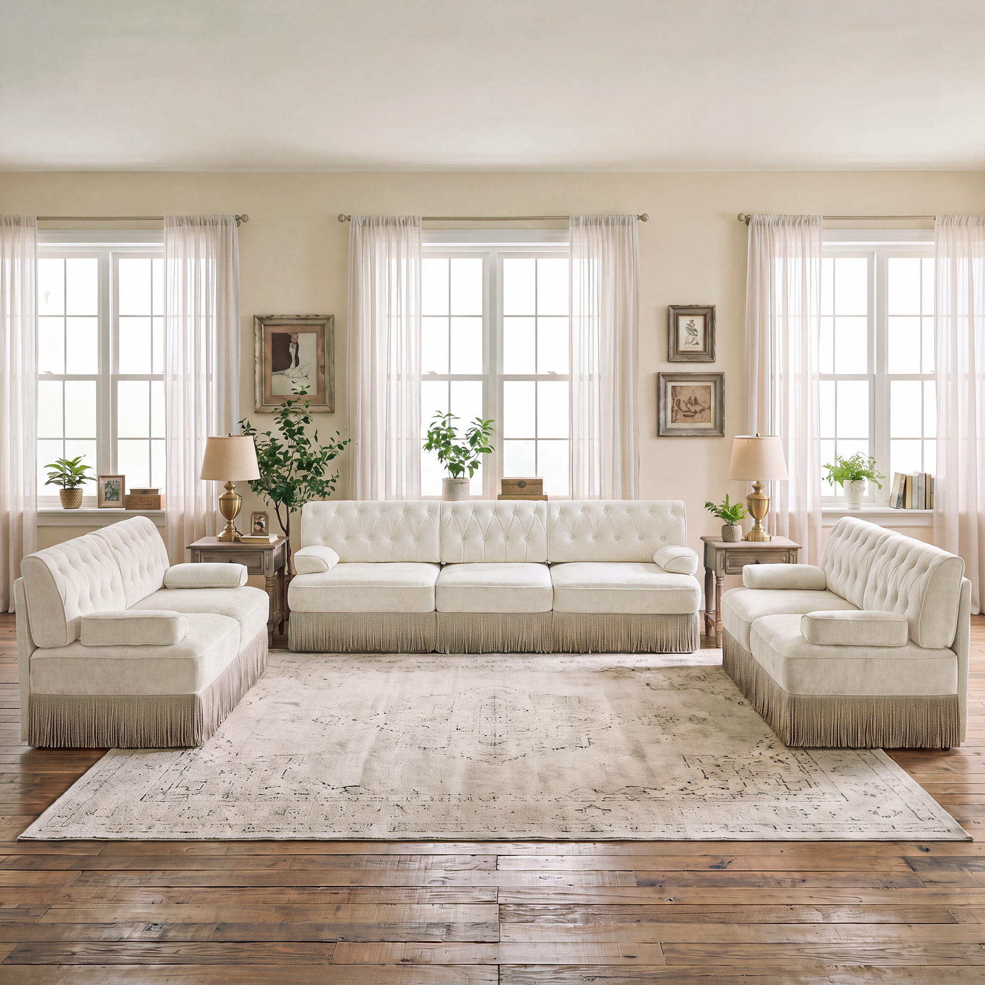 3‑Piece Sectional Sofa Set, 2 Pcs Loveseat & 1 Pcs 106" 3‑Seater Sofa Couch Set with Tassel Skirt