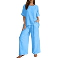 thumbnail image 3 of Jsaierl Cotton Linen Sets for Women 2 Piece Outfits Summer Loose 3/4 Sleeve Oversized Top and Wide Leg Pants Sets Loungewear, 3 of 8