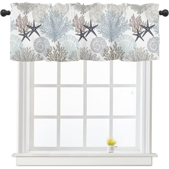 Summer Coral Starfish Kitchen Curtains Valances for Windows Beach Coastal Seashell Window Curtain 54x18 Inch Blue Brown Short Rod Pocket Bathroom Treatment Valance for Living Room Bathroom Decor