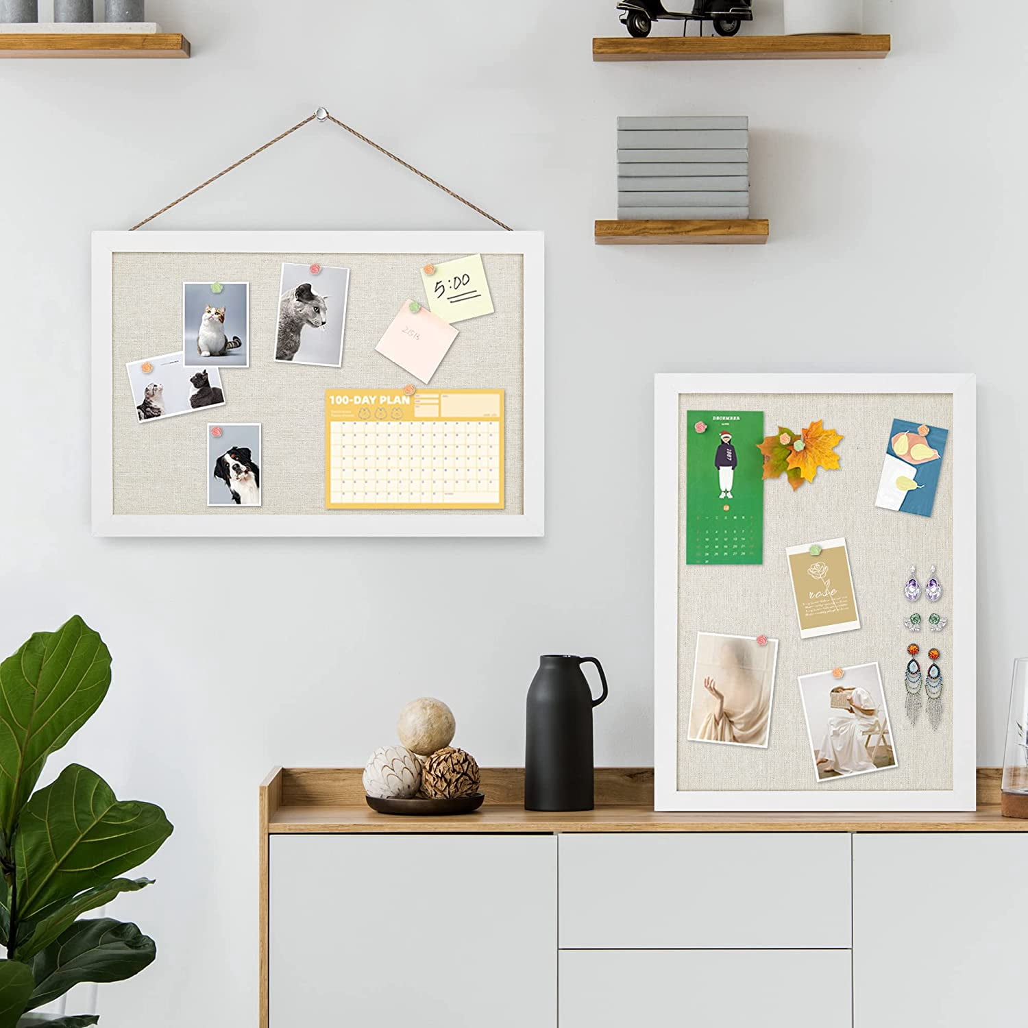 2-Pack Cork Board Bulletin Board 16x11 inch, Small Framed Corkboard with Linen for Wall, Hanging Pin Board Picture Board for Home Office Decor, Cute Vision Board with 25 Pushpins (Vintage White)