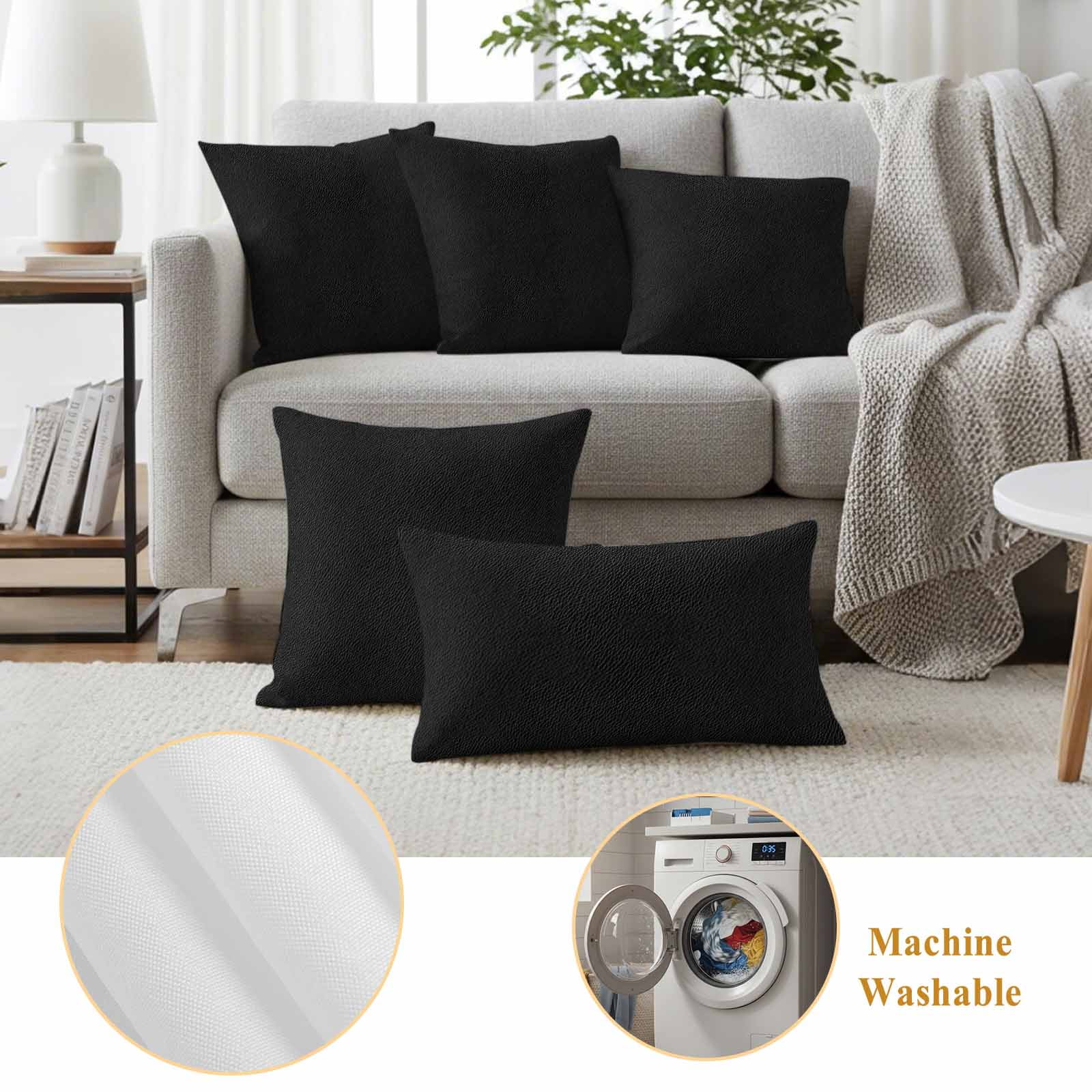 Solid Black Outdoor Waterproof Pillow Covers, Retro Minimalism Abstract Denim Texture Decorative Square Throw Pillowcase Sofa Cushion Sham for Patio/Couch/Chair, 18"x18" 2 Pack