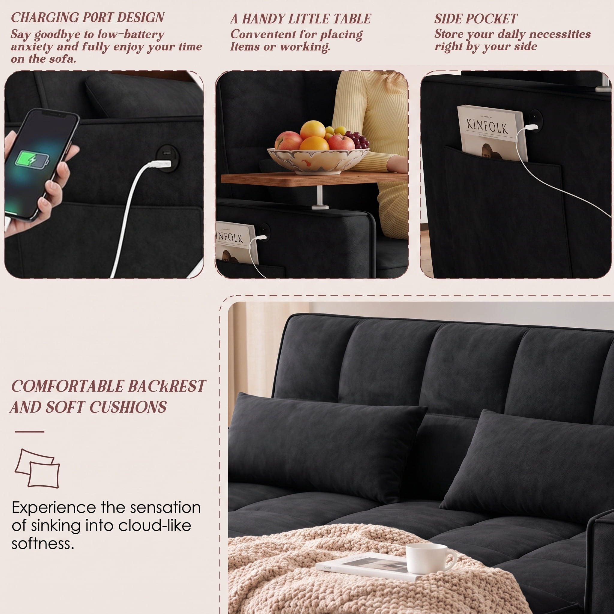 avobird 54'' Pull Out Sofa Bed, Convertible Sleeper Couch for for Living Room, Side Desk, USB Ports, Cup Hold, Velvet Fabric, Adjustable Backrest, Black