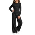 thumbnail image 2 of OGLCCG Girls 2 Piece Outfit Set, Ruched Long‑Sleeve Crop Top and Elastic Waist Wide Leg Pants Casual Tracksuit for Girls(Black,5-6 Years), 2 of 6