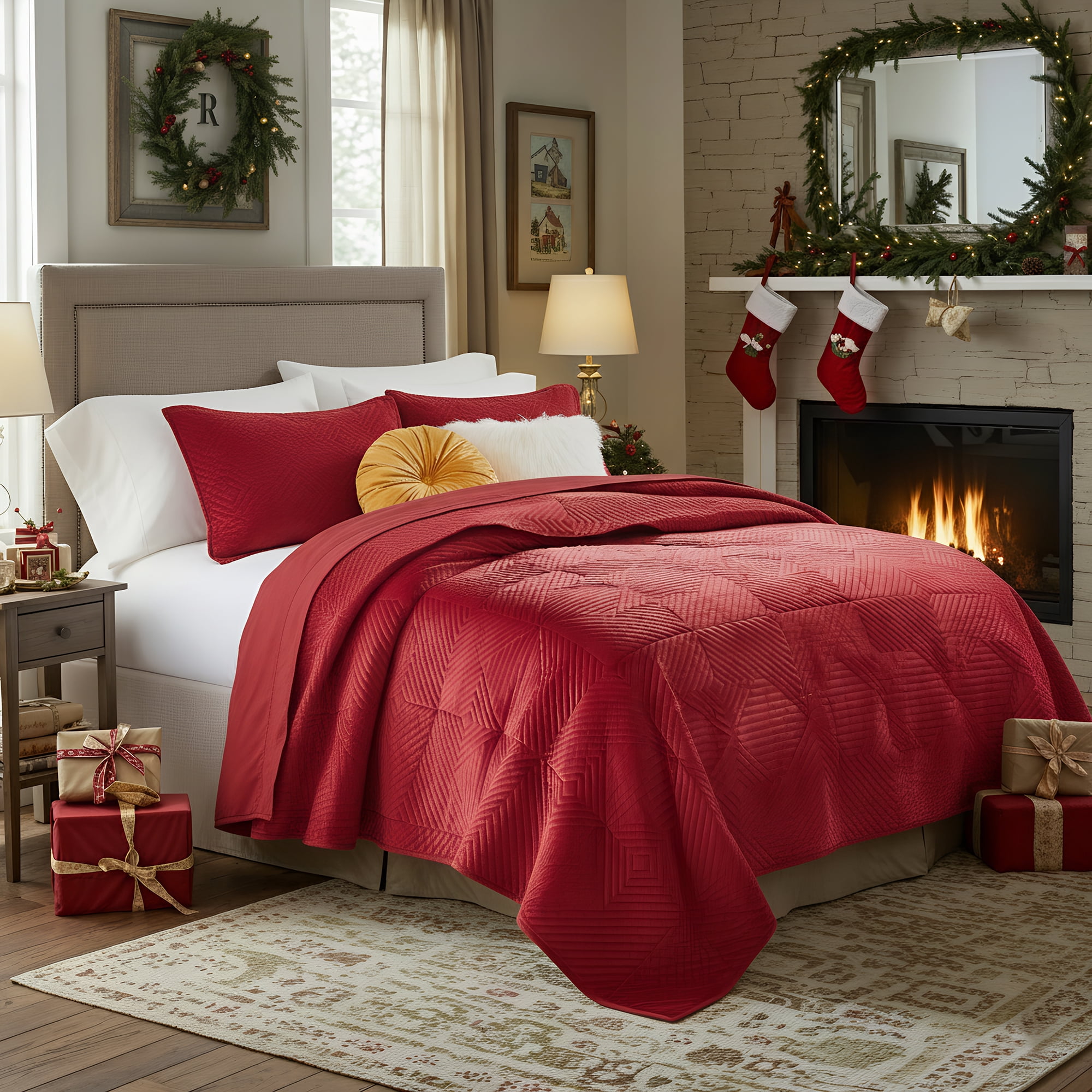 Barefoot Bungalow Riviera Velvet Finely Stitched Modern Quilt Set, Red, 3-Piece King/Cal King
