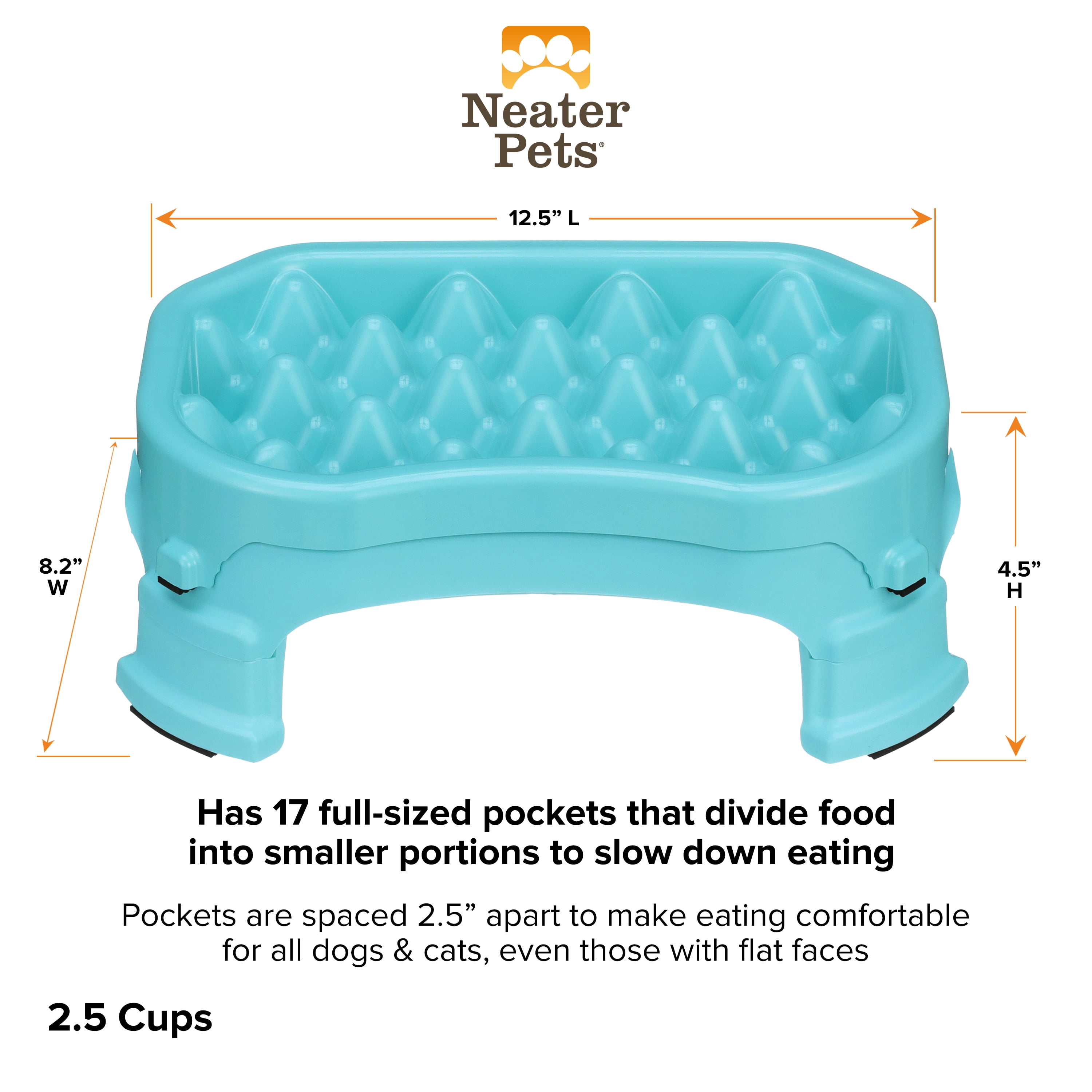 Neater Pet Brands Raised Neater Slow Feeder - Elevated & Adjustable Feeding Height - Improves Digestion, Stops Obesity, and Slows Down Eating, 2.5 Cups, Aquamarine