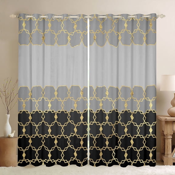 Erosebridal Geometric Honeycomb Black Out Curtains For Boys Girls,Marble Hexagon Curtains Pack of 2 (42x63 Each) For Teens Adults,Black Grey Gold