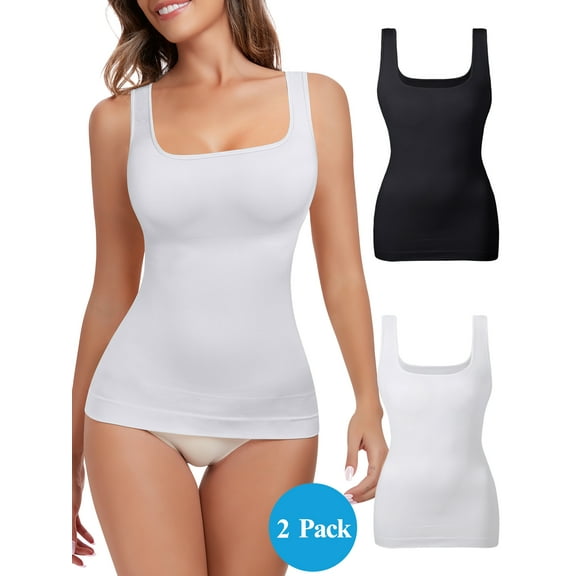 Sheryer 2-Packs Women's Seamless Shapewear Tank Top,Smoothing Square Neck Tummy Control Cami, Sizes S-2XL