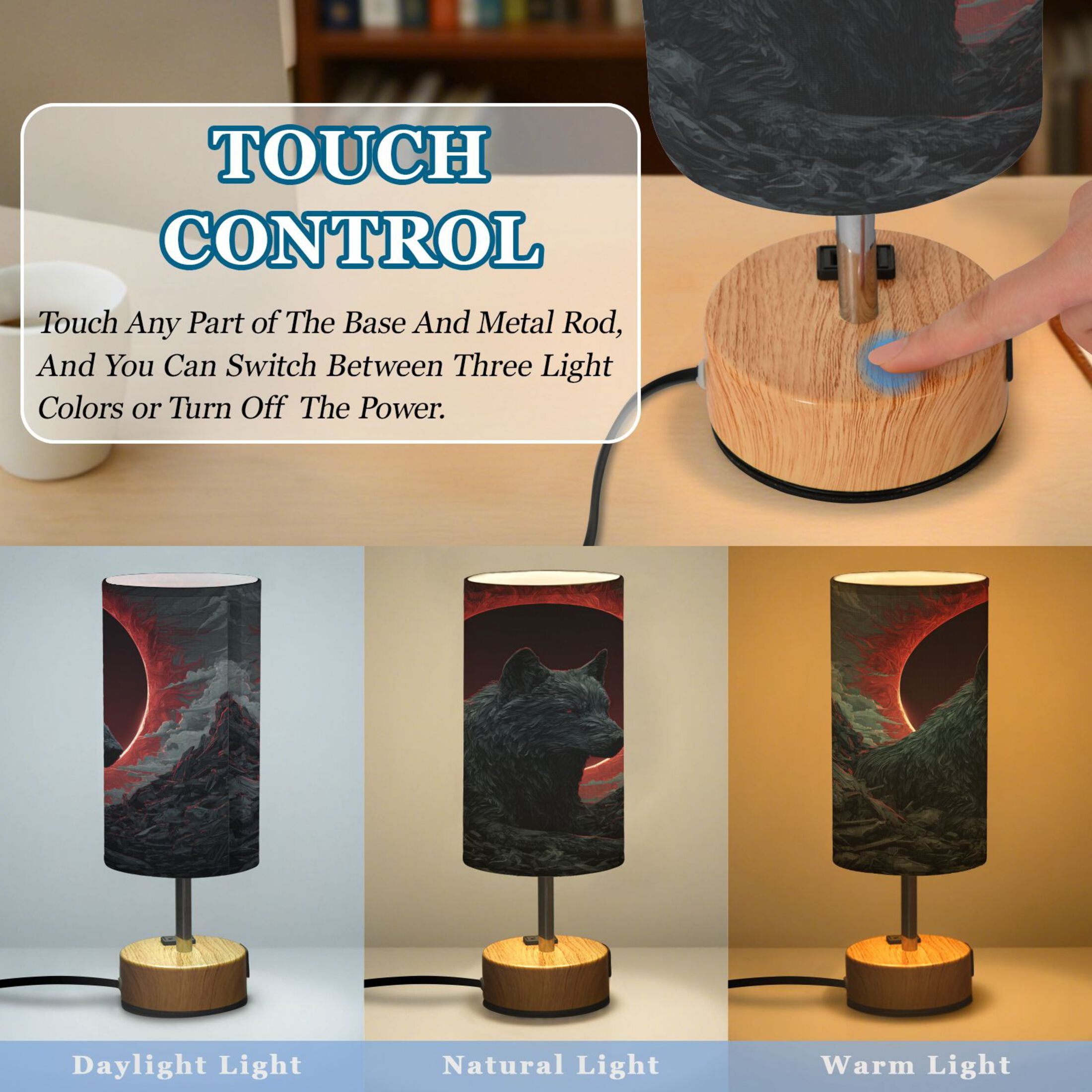 Touch-Control 3-Color Desk Lamp with Plug – Energy-Saving LED + 3 Simultaneous Charging Ports Red Sun Lone Wolf