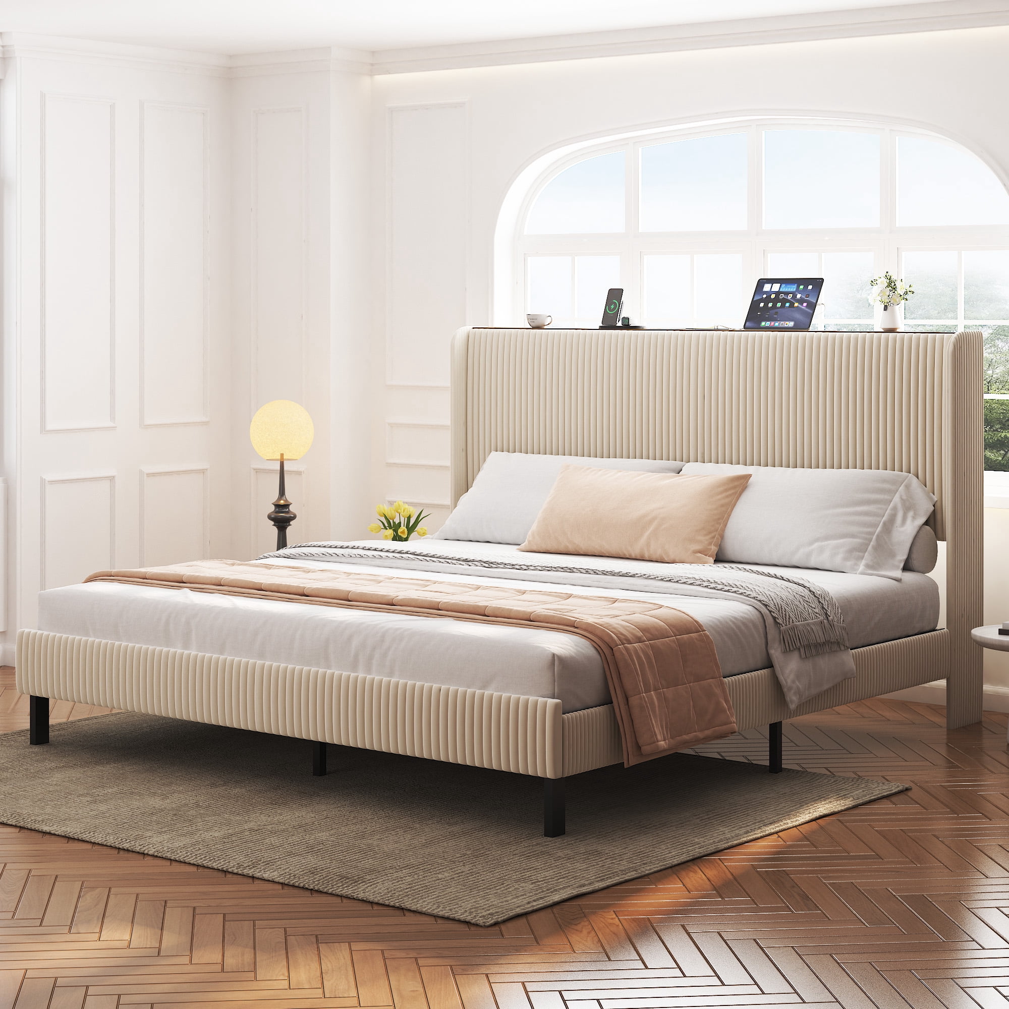 Miniyam King Size Upholstered Platform Bed with Storage Headboard, USB Ports for Adult, Beige