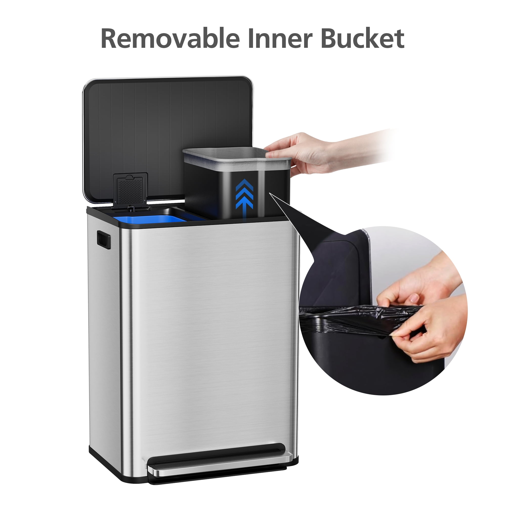 JoanKaren 16 Gal Stainless Steel Dual Trash Can with Recycling Bin,Pedal Step-on Compartment Garbage Bin,Silver