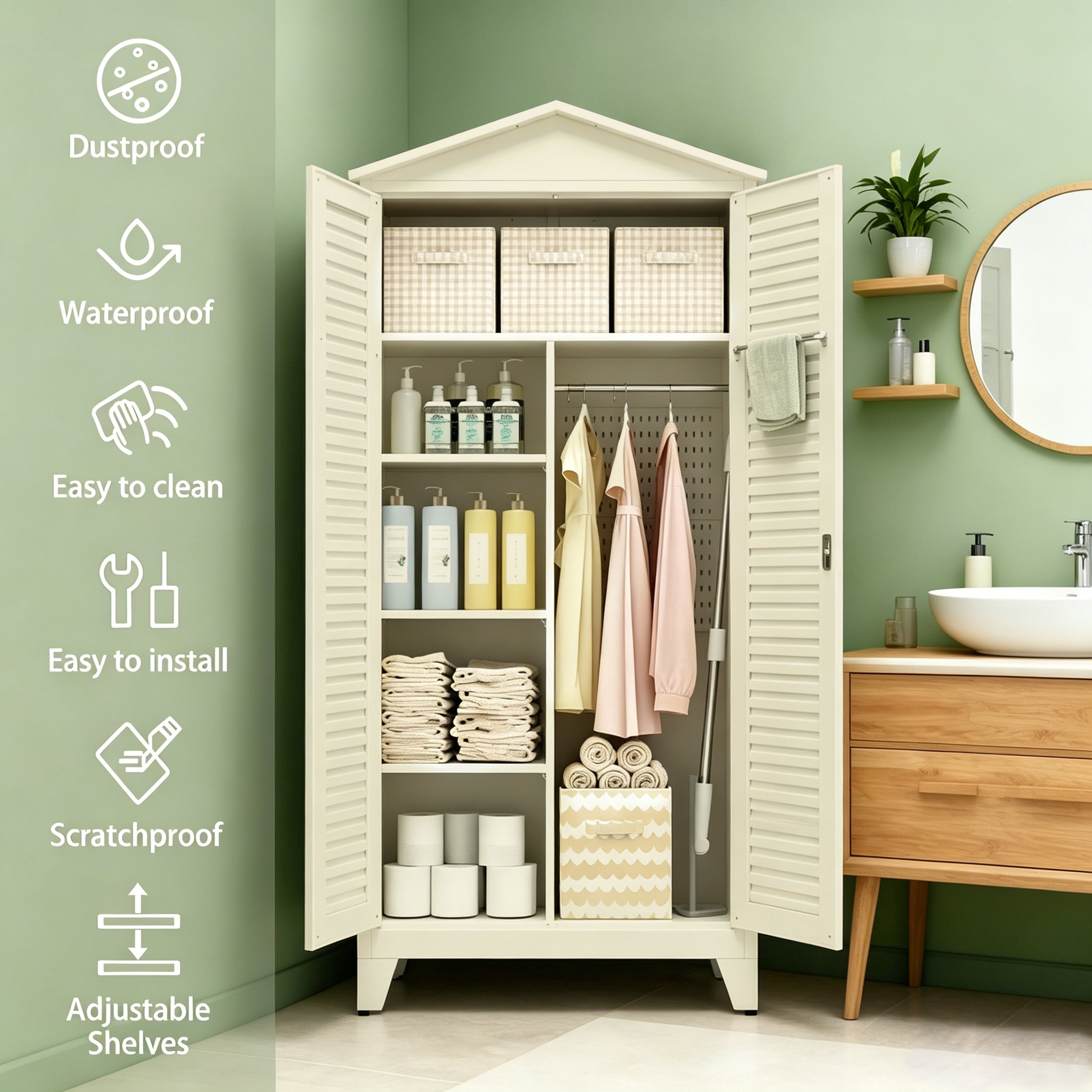 AISWORD 79" Tall Metal Outdoor Storage Cabinet, Heavy-Duty Waterproof Garden Sheds & Outdoor Storage with Lock, Tool Storage Cabinet & Broom Closet for Garage, Patio, Beige