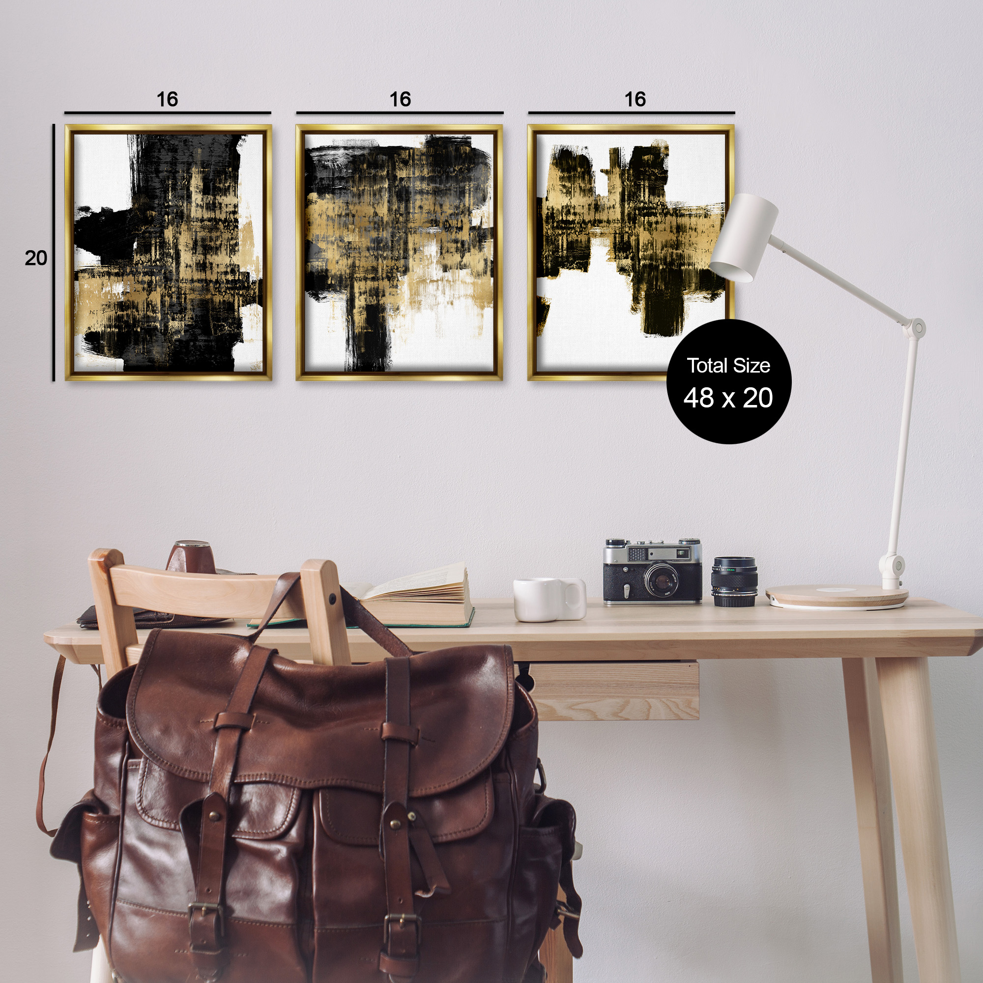 Stupell Industries Bold Black Brushstrokes with Gold Abstract Painting Gold Floater Framed Canvas Art Print Wall Art, 17 x 21, Set of 3