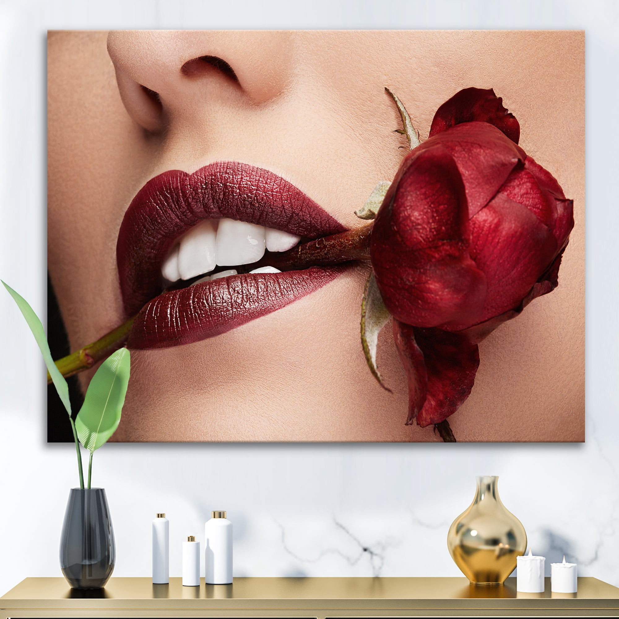 Designart ' Girl With Red Lipstick Holding A Rose In Mouth ' Modern Canvas Wall Art Print