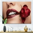 thumbnail image 2 of Designart ' Girl With Red Lipstick Holding A Rose In Mouth ' Modern Canvas Wall Art Print, 2 of 3