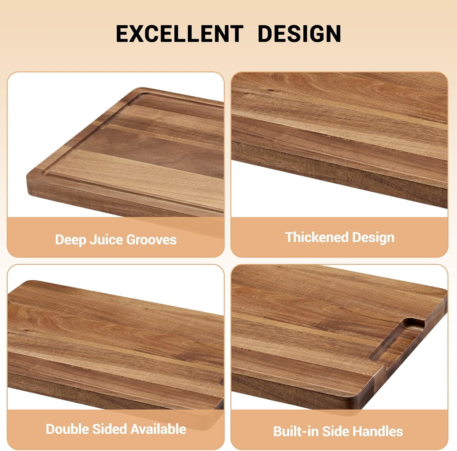 Large Natural Acacia Wood Cutting Board, 18"x12" Reversible Butcher Block with Deep Juice Groove & Side Handles, Durable Multipurpose Chopping Board