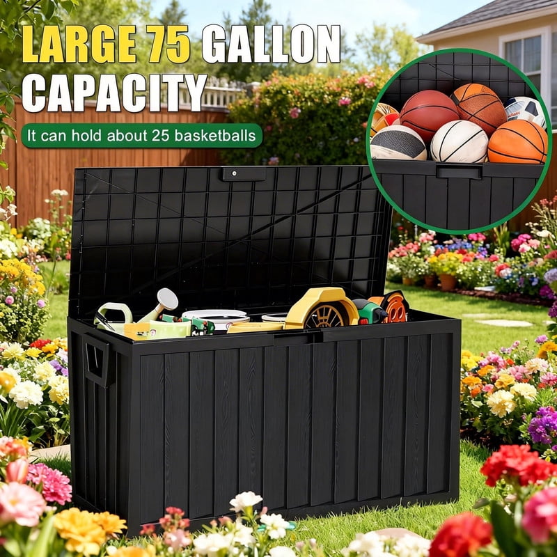 75 Gallon Waterproof Outdoor Storage Box, Lockable Deck Box Bench, 350lb Capacity