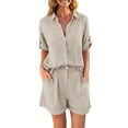 thumbnail image 2 of ClodeEU Women's 2 Piece Linen Cotton Outfits,Collared Button Down Shirt and High Waist Wide Leg Shorts Set,Casual Summer Loungewear with Pockets Beige,Women's Plus L, 2 of 8