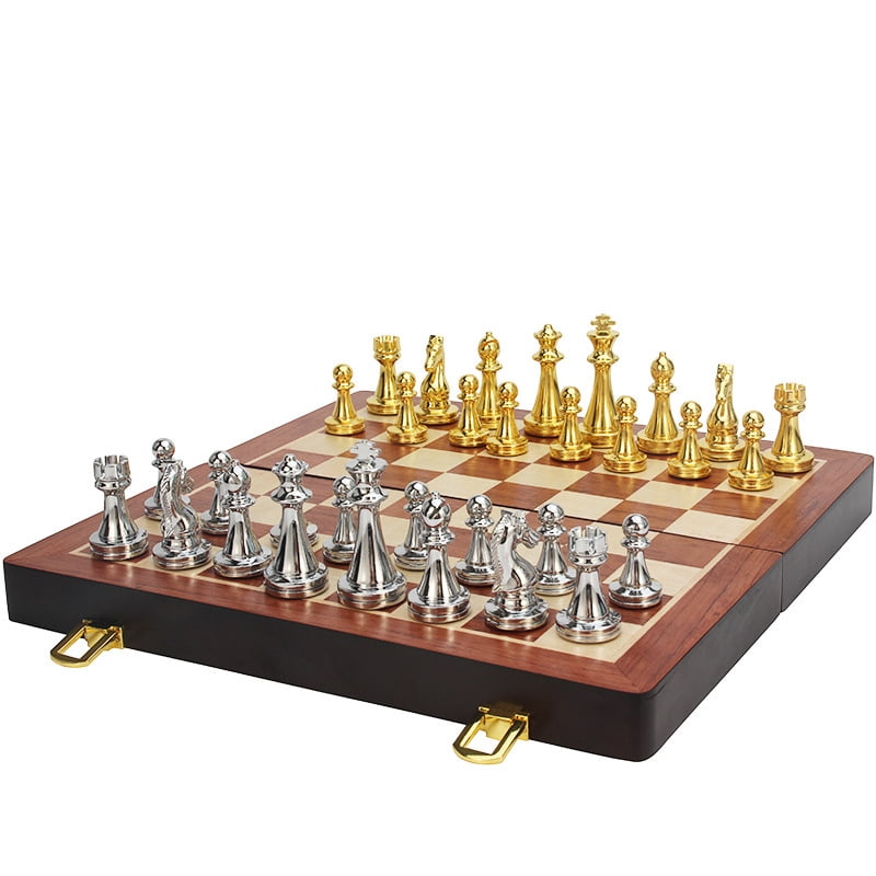 CNV Classic Metal Chess Set with Folding Wooden Case, 7.6cm King Height, Luxury Gift for Chess Enthusiasts & Collectors