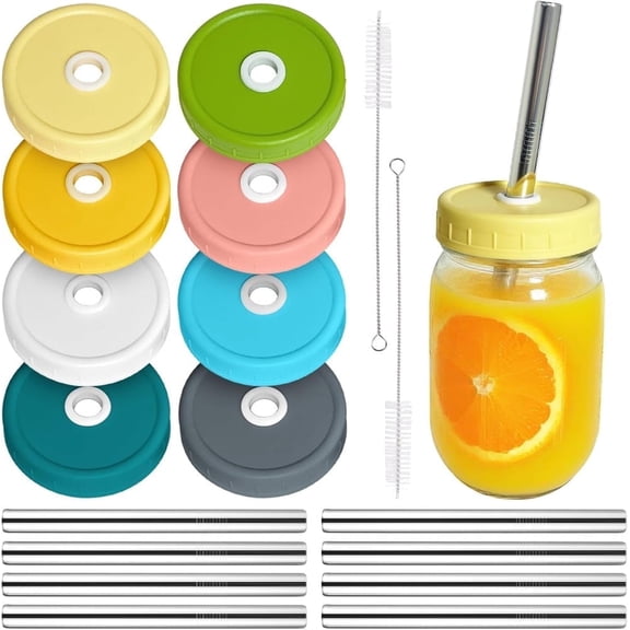 8-Pack Reusable Wide-Mouth Mason Jar Drinking Lids with Stainless Steel Straws & Brush