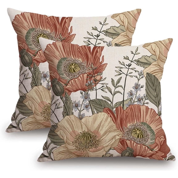 Vintage Flower Throw Pillow Covers Brown Rust Colored Floral Botanical Pattern Decorative Pillows Outdoor Farmhouse Cushion Case Country Pillowcase for Sofa Bed Room Decor Set of 2