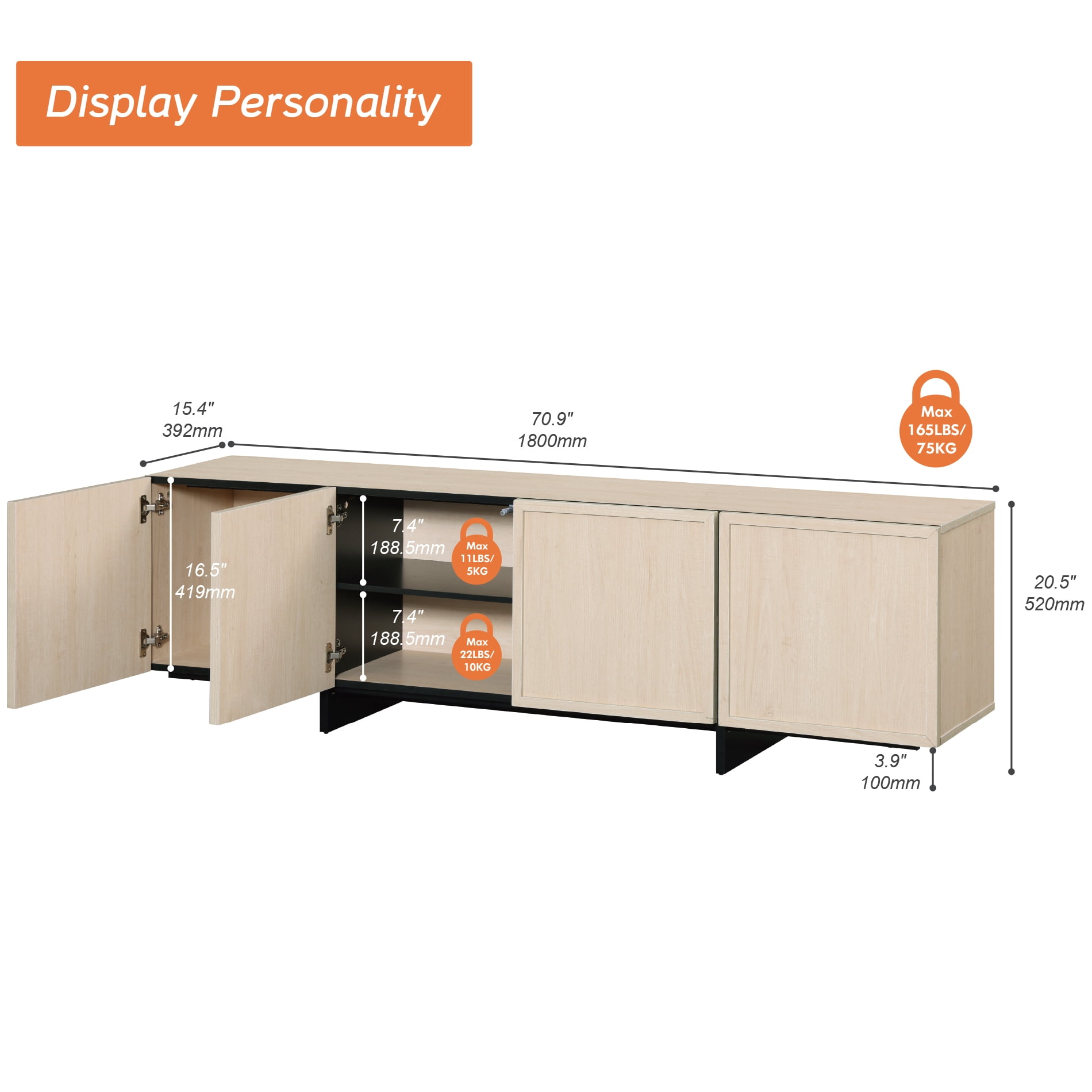 Modern 2-Piece Living Room Set, 70.9" TV Stand Entertainment Center & 57.5" 9-Compartment Storage Cabinet, 4-Door Closed Storage with T-Shaped Legs,Beige