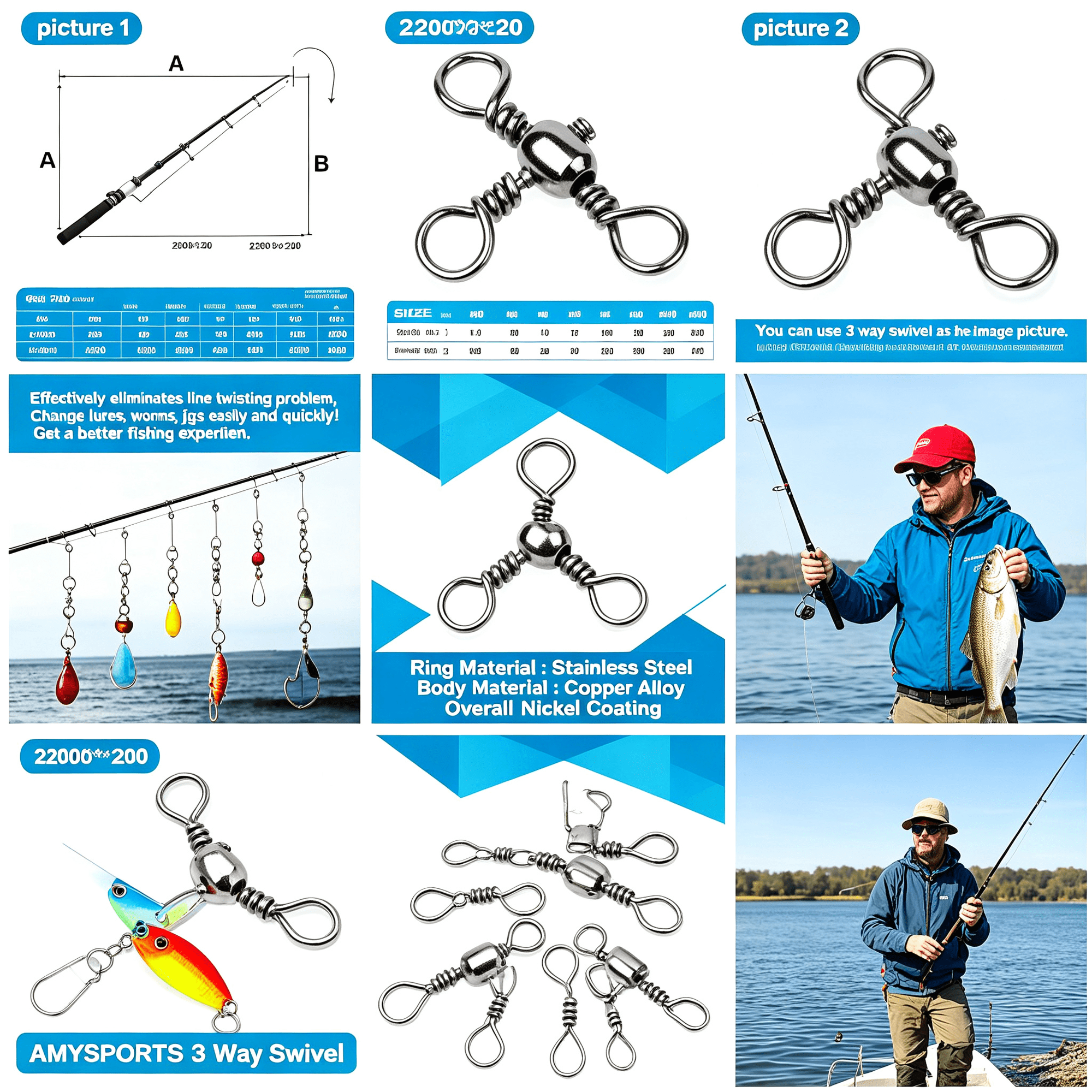 BESTSKY Stainless 3Way Swivel Fishing Crossline Swivels 3 Way Rigs Saltwater Freshwater Drifting Trolling Fishing Tackle Connector for Spoons Minnow Baits Rust-Proof Fishing Swivels