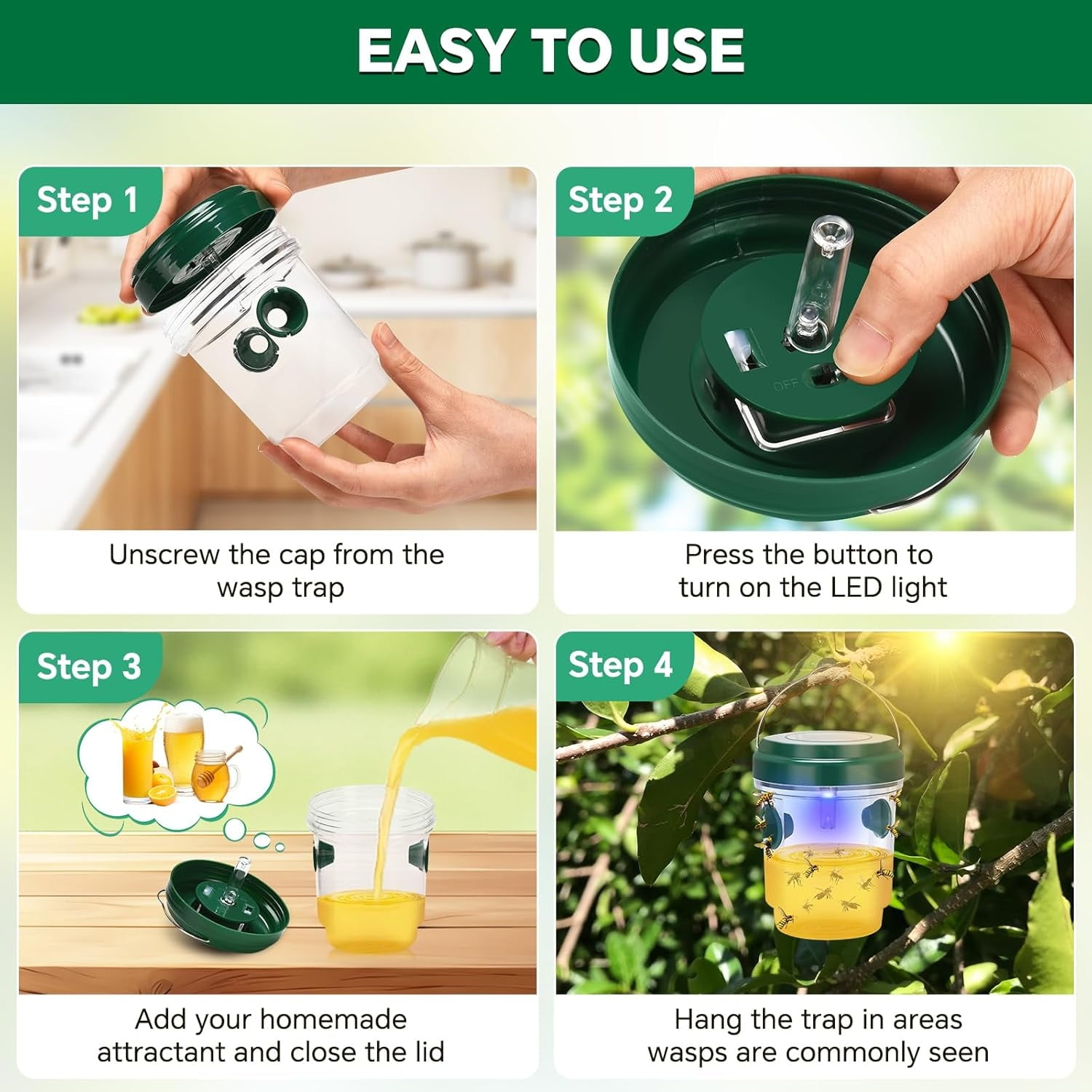 Wasp Trap, 4 Pack Solar Wasp Traps Outdoor Hanging, Wasps Killer Reusable Yellow Jacket Hornet Trap with LED Light, Carpenter Bee Traps for Outside Garden, Patio, Orchard, Camping