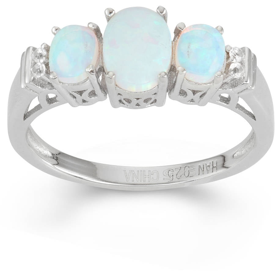 Created Opal and Created White Sapphire Sterling Silver 3-Stone Oval ...