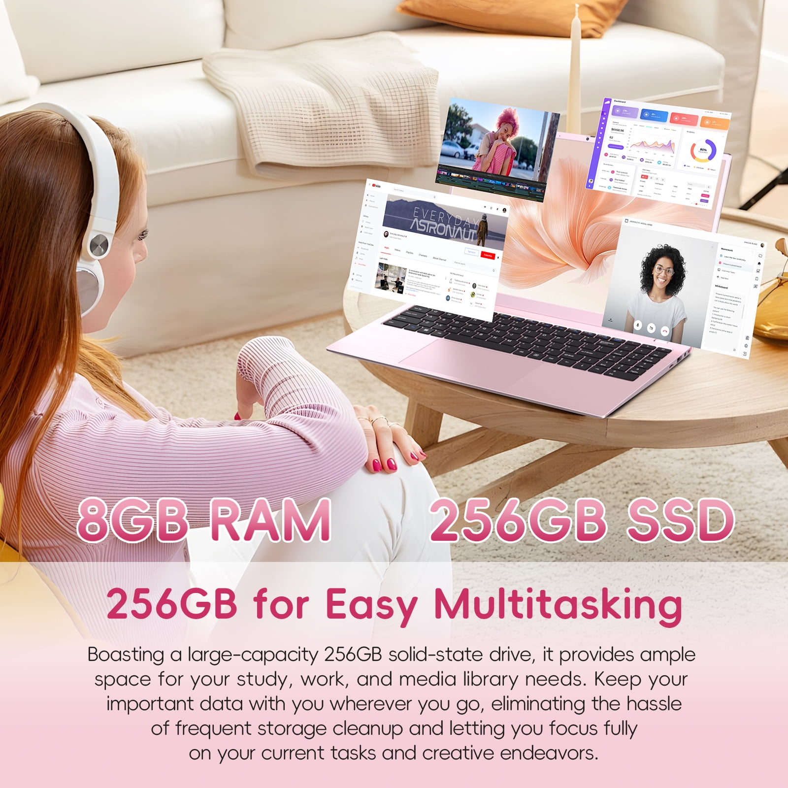 HYYUO 15.6" Laptop Computer, 8GB RAM 256GB SSD, Intel 6500Y with 2 Cores 4 Thread, Up to 3.4GHz, FHD Display, Laptop for Business, Student, Office, Pink, Lightweight, Windows 11 Laptop