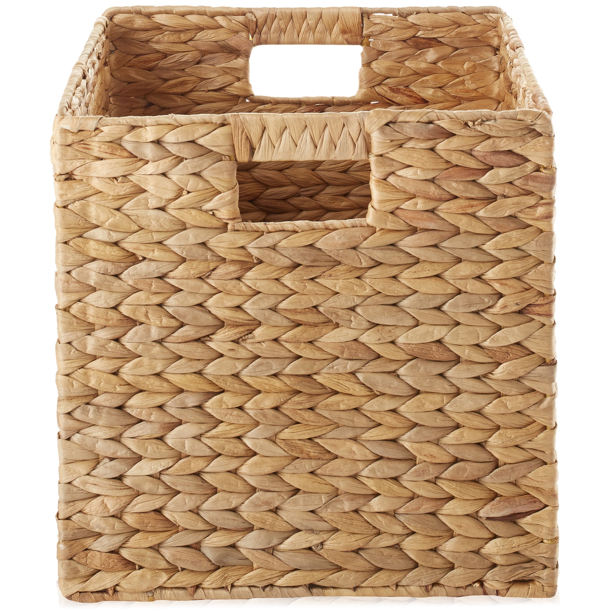 Casafield 13" x 13" Water Hyacinth Storage Baskets, Natural - Set of 2 Collapsible Cube Organizers, Woven Bins for Bathroom, Bedroom, Laundry, Pantry, Shelves