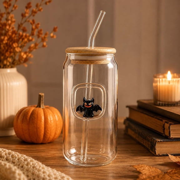 Halloween Glass Cups Bat Glass Cup with Lid Straw Gifts for Women