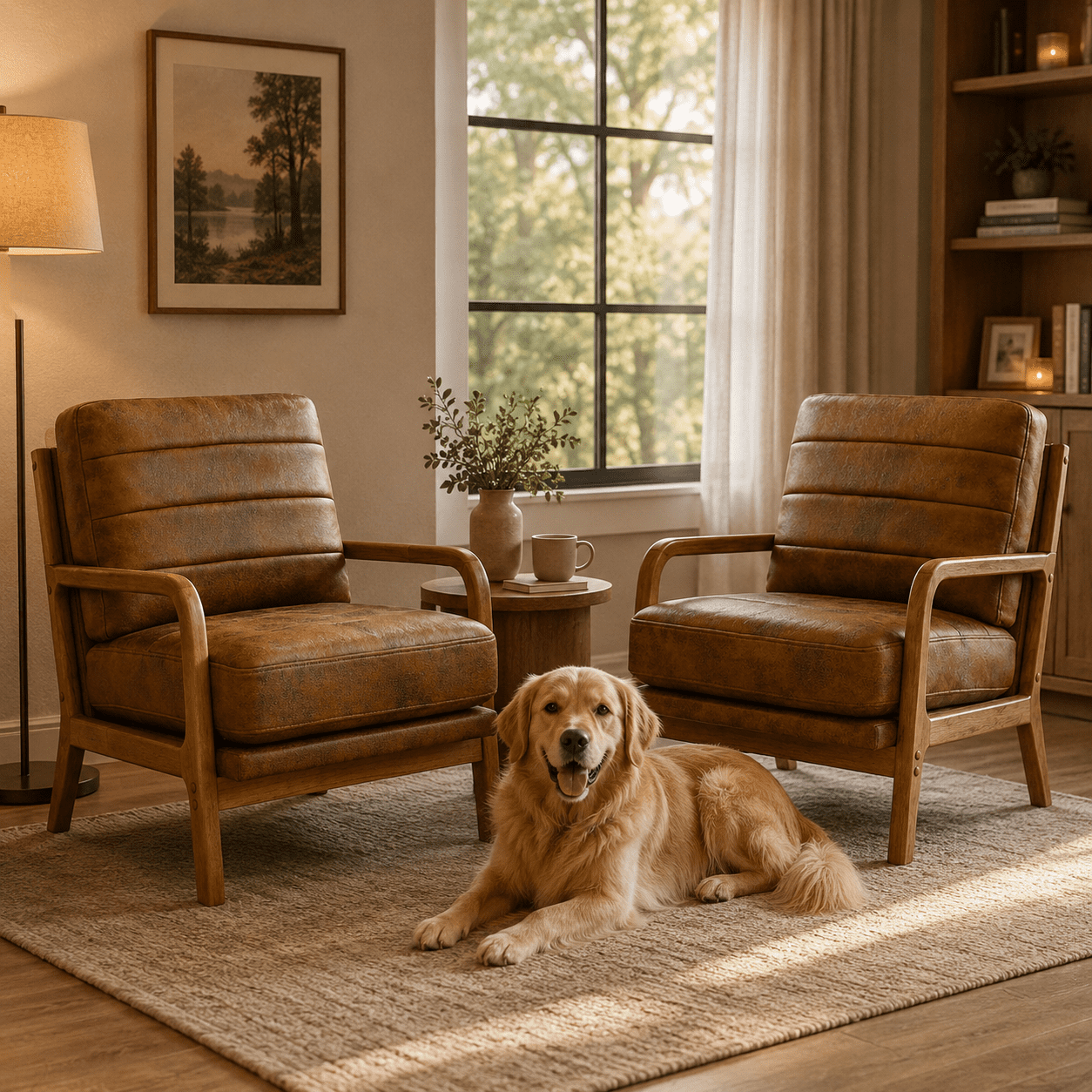 Homy Casa Mid-Century Accent Chair, Upholstered Reading Chair with Wood Frame, Brown