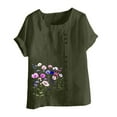 thumbnail image 5 of QIUOMBBP Womens Floral Print Tshirts Linen Roll Up Short Sleeve Plus Size Crew Neck Tops Loose Comfy Summer Lightweight Shirts Army Green L, 5 of 5