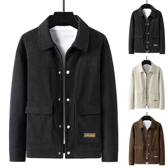 Zedker Mens Winter Jackets Corduroy Fall Warm Coat Thick Thermal Trucker Cargo Coats Stylish Zip Up Collared Work Jacket Black L