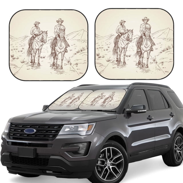 Easygdp Cowboys Riding Horses In Desert for 2 PCS Foldable Car Sun Shade Front Windshield Sun Protection Cover for Car, SUV, Truck-Large